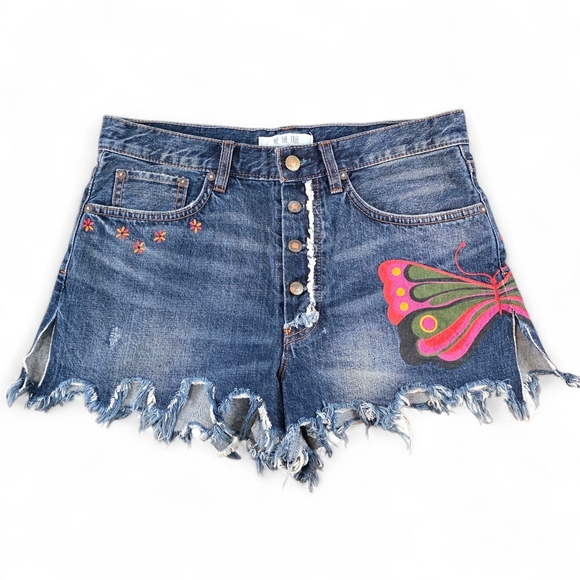 FP We The Free Fields Of Sun Butterfly Daisy Denim Shorts Distressed Size 28 - Picture 1 of 8